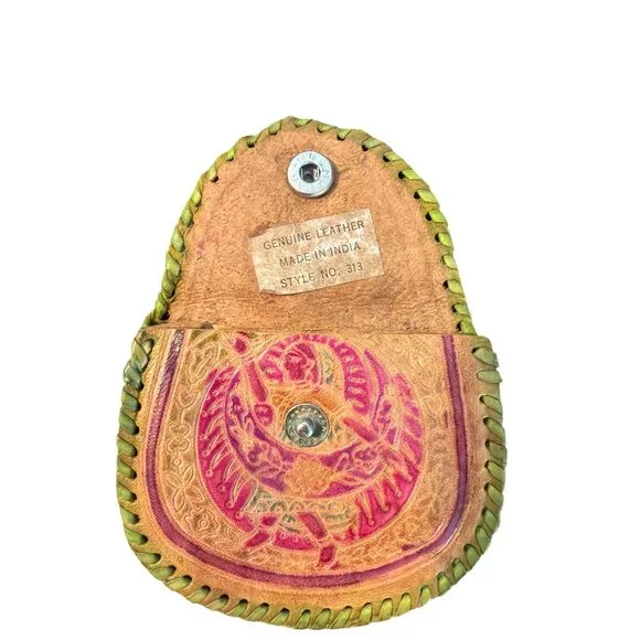 Vintage Hand Tooled 3 Piece Set Leather Clutch Wallet Coin Purse India Estate